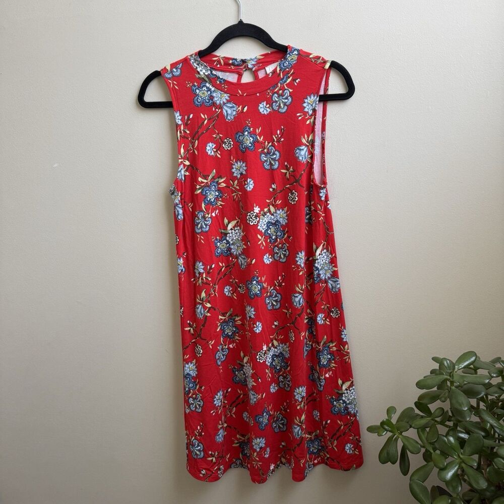 LOFT Red Floral Mock Neck Sleeveless Shift Dress  Keyhole Back Stretch Size SP
